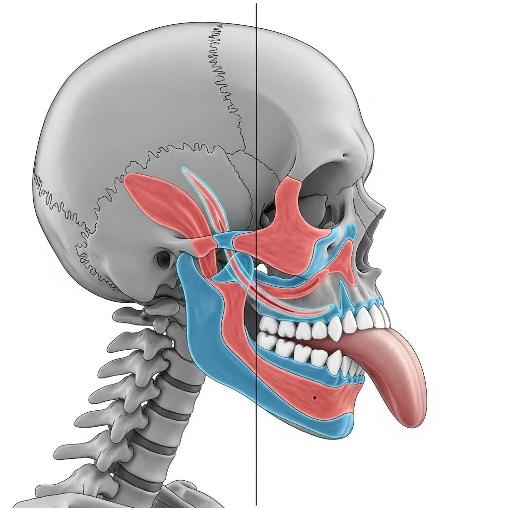 Illustration of jaw alignment affecting airway obstruction, highlighting anatomical structures